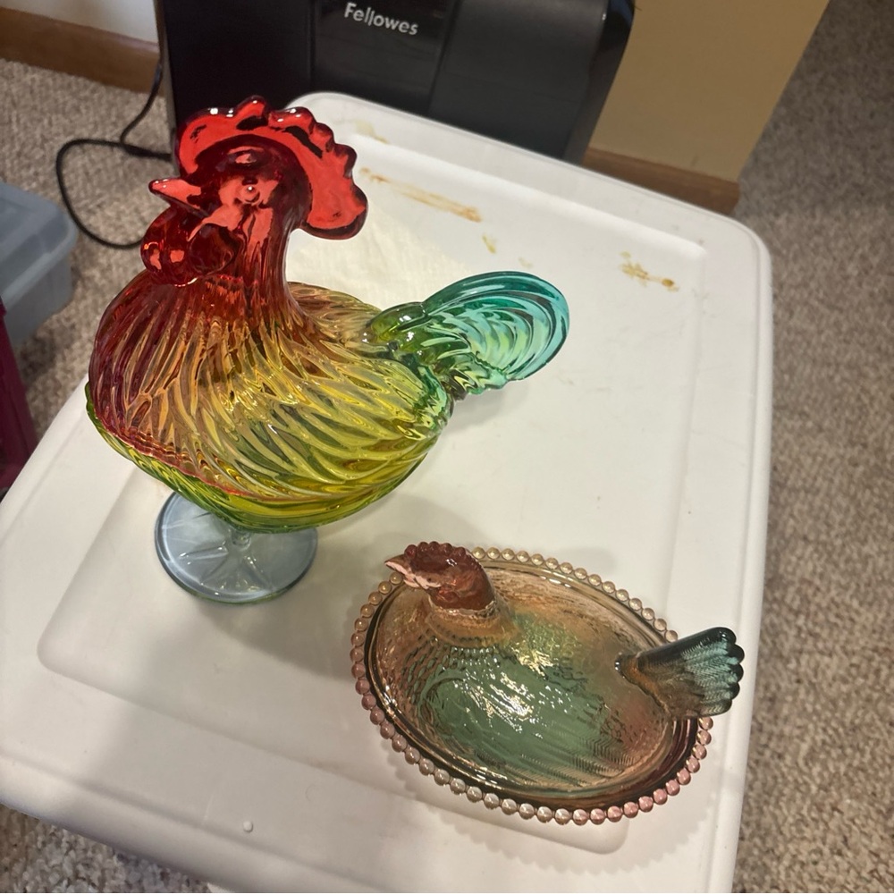 Glass Rooster 11 in Figurine & chicken 7 in on a beaded nest red / green storage - Picture 9 of 11